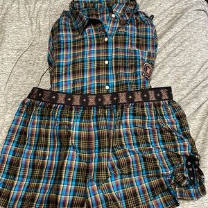 Flannel Blue Plaid Savage x Fenty Long Sleeved Shirt and Short Set